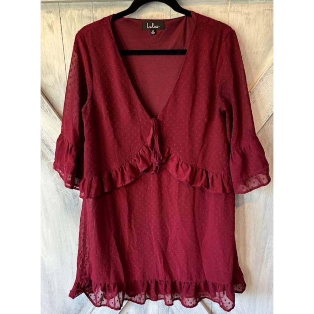 LULU'S Wine Red Swiss Dot Ruffled Mini Dress Women's Medium Burgundy Fall Winter